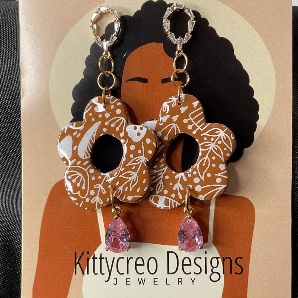 Brown and Pink Floral Artisan Gem Earrings
